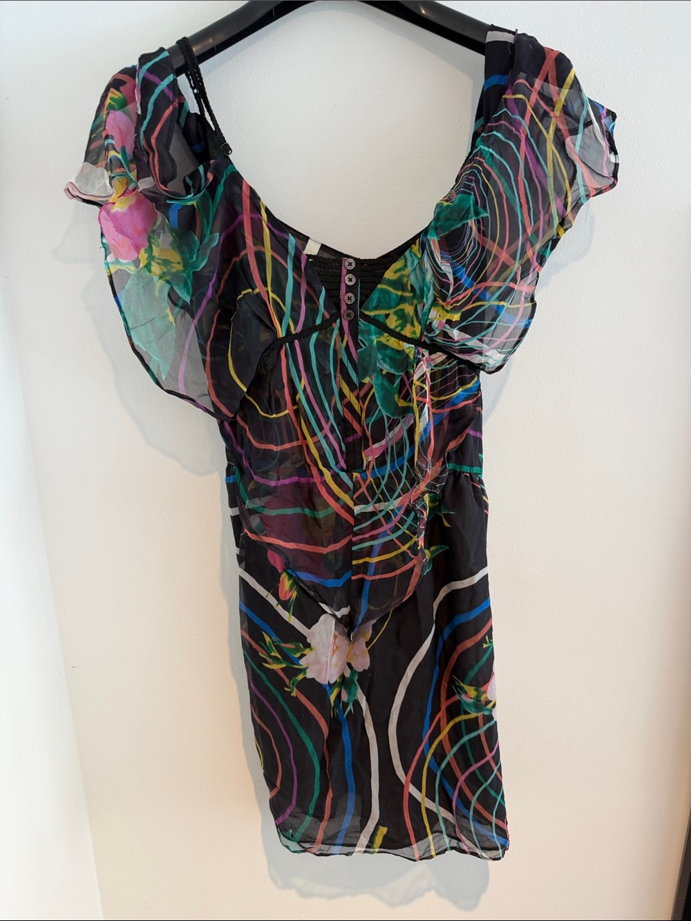 Ark & Co Black Sheer silk Floral-Print Flutter dress with Multicolor Swirls